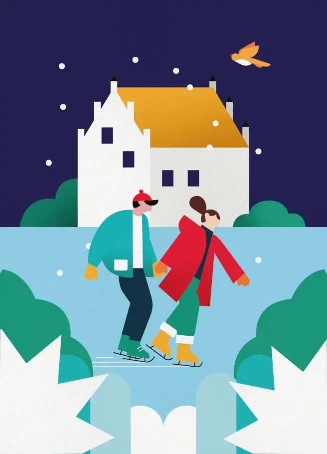 A couple holds hands while ice skating in front of a building at night.