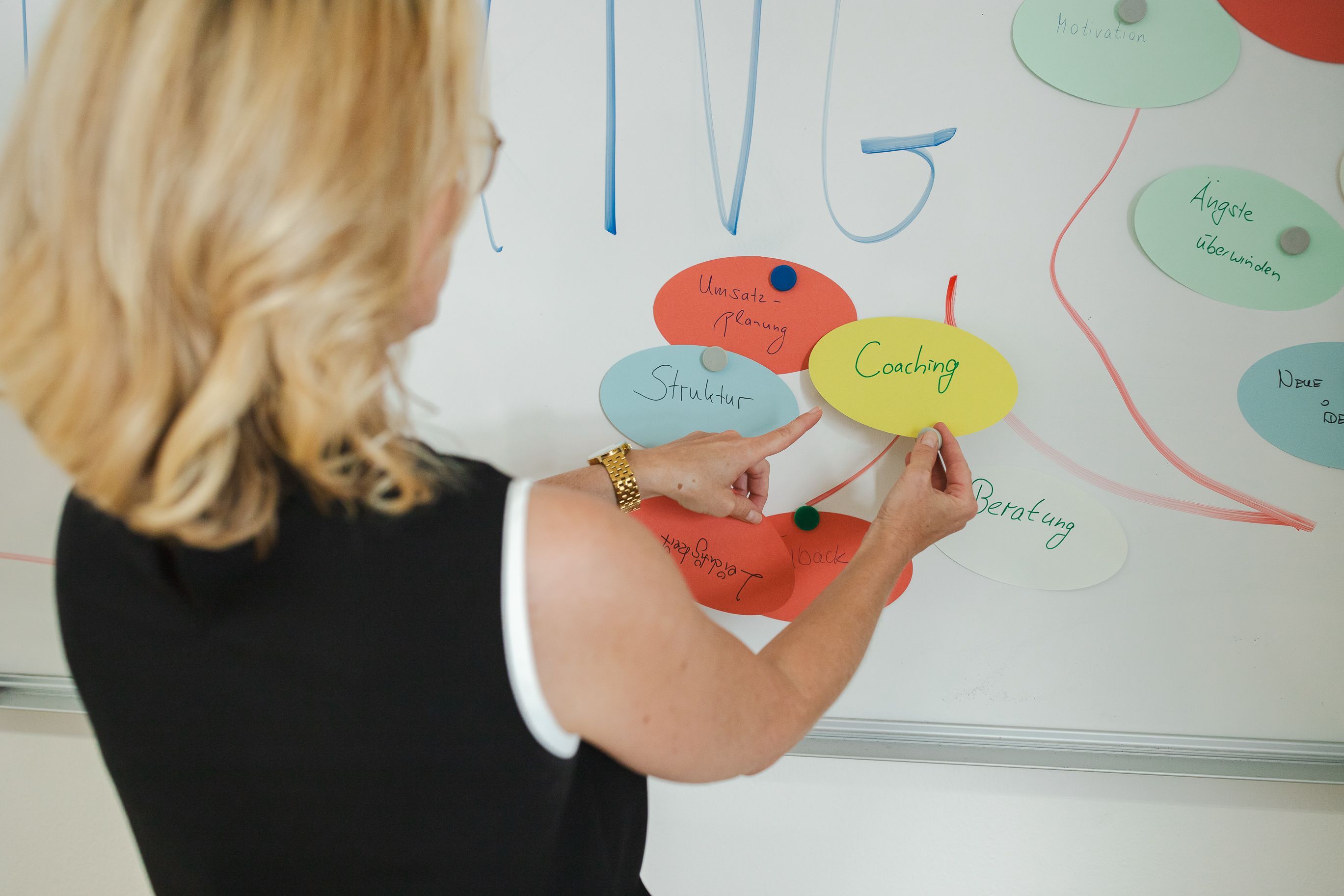 Frau pinnt Post-Its auf Whiteboard
