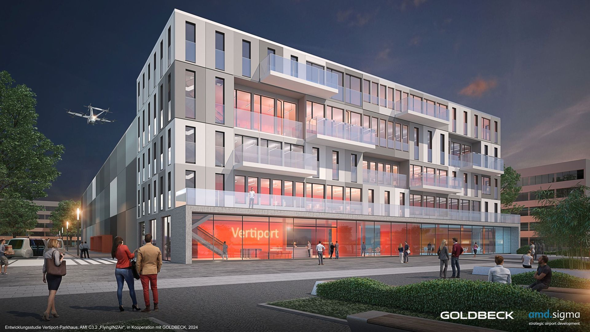 Rendering Vertiport bei Nacht